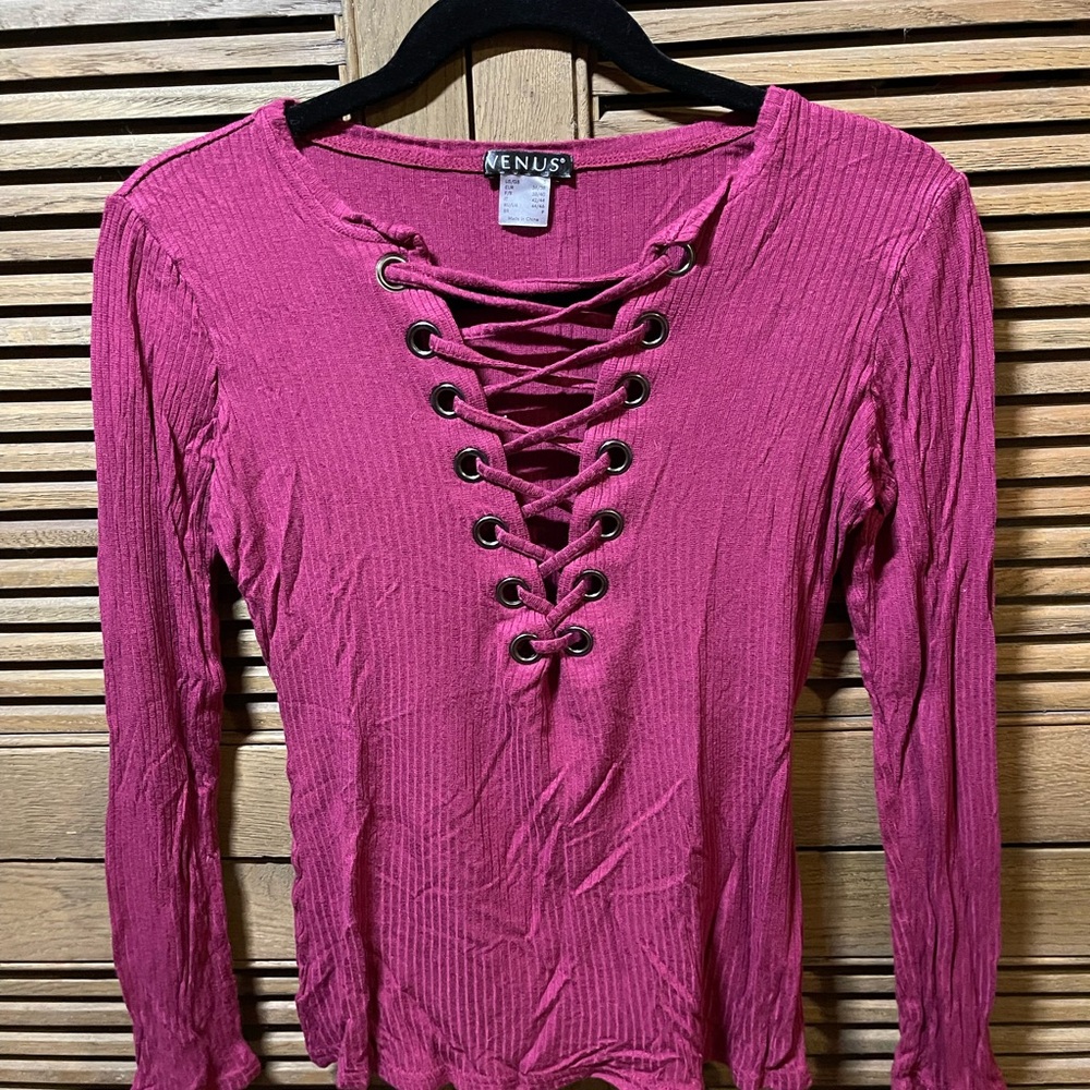 VENUS Pink Ribbed Tie Front Blouse